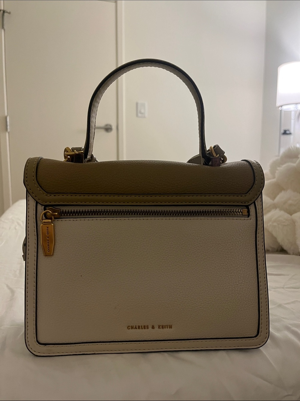 CHARLES & KEITH Cream and Olive Two-Tone Top-Handle Satchel